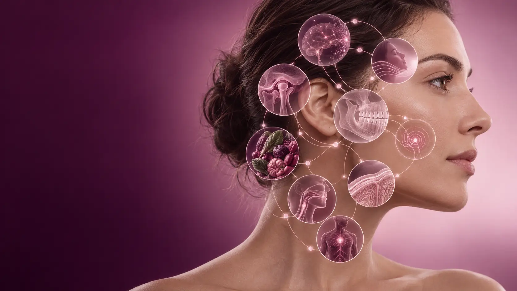Perfil humano con una red visual sobre oclusión, ATM, sueño, nutrición y neuromodulación